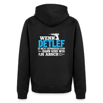 DETLEF - kann es reparieren - Unisex Premium Bio Zip Hoodie - Schwarz - Hinten - Nico (187cm)