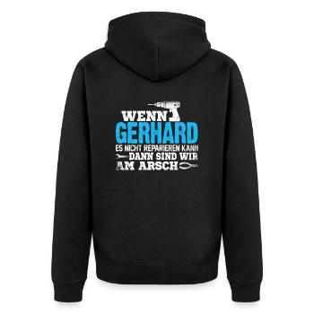 GERHARD - kann es reparieren - Unisex Premium Bio Zip Hoodie - Schwarz - Hinten - Nico (187cm)