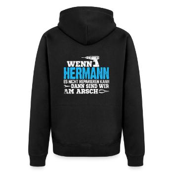 HERMANN - kann es reparieren - Unisex Premium Bio Zip Hoodie - Schwarz - Hinten - Nico (187cm)