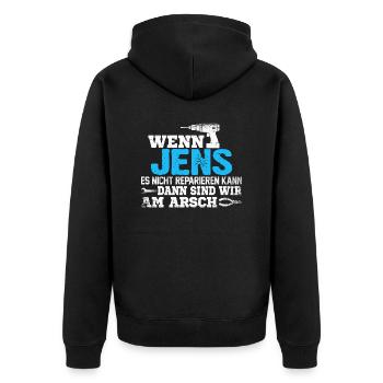 JENS - kann es reparieren - Unisex Premium Bio Zip Hoodie - Schwarz - Hinten - Nico (187cm)