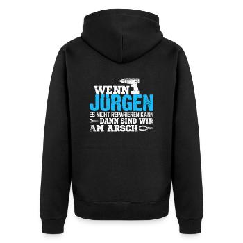 JURGEN - kann es reparieren - Unisex Premium Bio Zip Hoodie - Schwarz - Hinten - Nico (187cm)