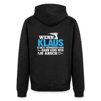 KLAUS - kann es reparieren - Unisex Premium Bio Zip Hoodie - Schwarz - Hinten - Nico (187cm)
