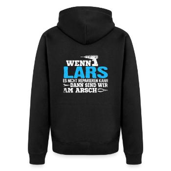 LARS - kann es reparieren - Unisex Premium Bio Zip Hoodie - Schwarz - Hinten - Nico (187cm)