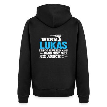 LUKAS - kann es reparieren - Unisex Premium Bio Zip Hoodie - Schwarz - Hinten - Nico (187cm)