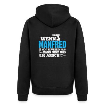 MANFRED - kann es reparieren - Unisex Premium Bio Zip Hoodie - Schwarz - Hinten - Nico (187cm)