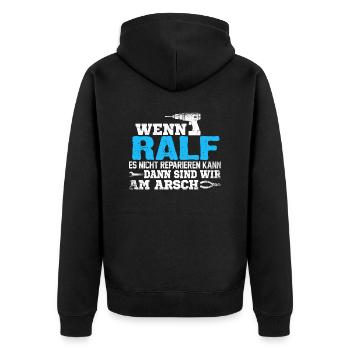 RALF - kann es reparieren - Unisex Premium Bio Zip Hoodie - Schwarz - Hinten - Nico (187cm)