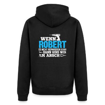 ROBERT - kann es reparieren - Unisex Premium Bio Zip Hoodie - Schwarz - Hinten - Nico (187cm)