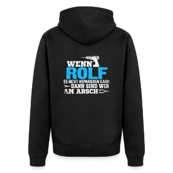 ROLF - kann es reparieren - Unisex Premium Bio Zip Hoodie - Schwarz - Hinten - Nico (187cm)