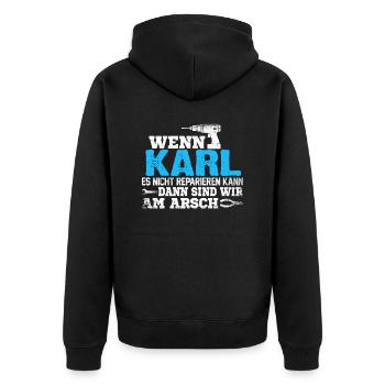 KARL - kann es reparieren - Unisex Premium Bio Zip Hoodie - Schwarz - Hinten - Nico (187cm)