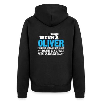 OLIVER - kann es reparieren - Unisex Premium Bio Zip Hoodie - Schwarz - Hinten - Nico (187cm)