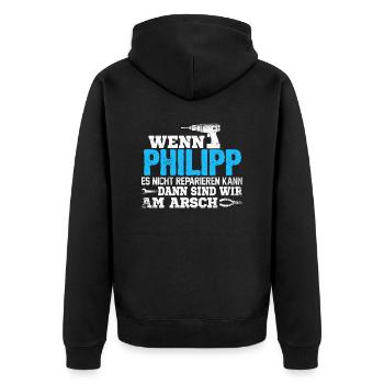PHILIPP - kann es reparieren - Unisex Premium Bio Zip Hoodie - Schwarz - Hinten - Nico (187cm)
