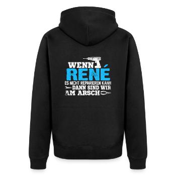RENÉ - kann es reparieren - Unisex Premium Bio Zip Hoodie - Schwarz - Hinten - Nico (187cm)