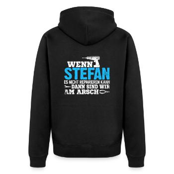 STEFAN - kann es reparieren - Unisex Premium Bio Zip Hoodie - Schwarz - Hinten - Nico (187cm)