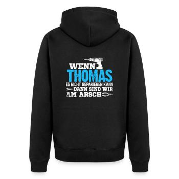 THOMAS - kann es reparieren - Unisex Premium Bio Zip Hoodie - Schwarz - Hinten - Nico (187cm)