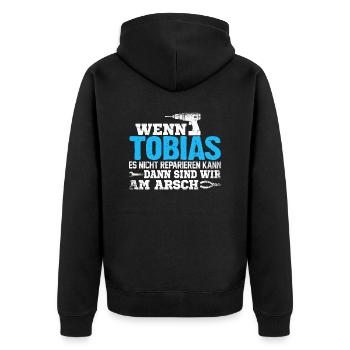 TOBIAS - kann es reparieren - Unisex Premium Bio Zip Hoodie - Schwarz - Hinten - Nico (187cm)