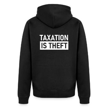 Taxation is Theft, Steuern sind Raub, Liberty - Unisex Premium Bio Zip Hoodie - Schwarz - Hinten - Nico (187cm)