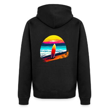 Sonnenuntergang mit Surfbrett - Unisex Premium Bio Zip Hoodie - Schwarz - Hinten - Nico (187cm)