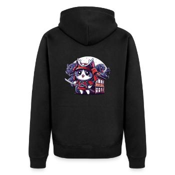 Samurai-Ninja-Katze hinter Monster und Dojo - Unisex Premium Bio Zip Hoodie - Schwarz - Hinten - Nico (187cm)
