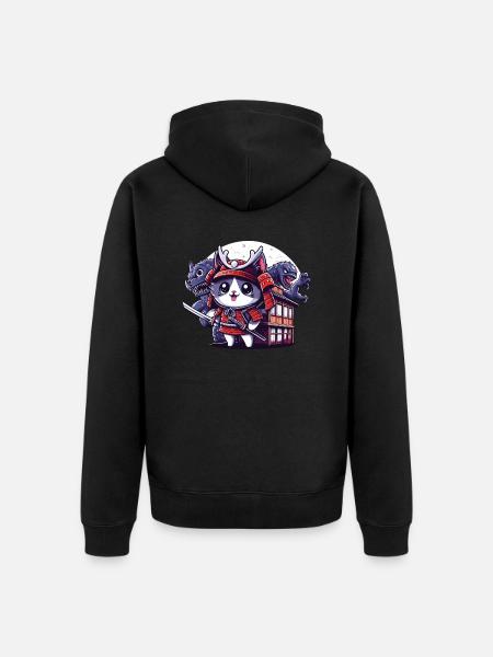 Samurai-Ninja-Katze hinter Monster und Dojo - Unisex Premium Bio Zip Hoodie - Schwarz