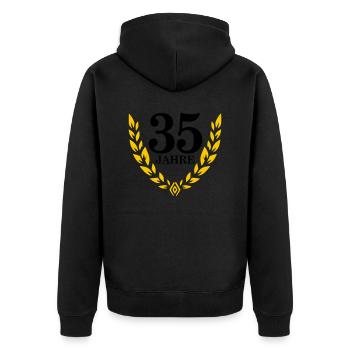 Jubiläum 35 Jahre Lorbeerkranz - Unisex Premium Bio Zip Hoodie - Schwarz - Hinten - Nico (187cm)