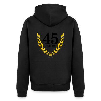 Jubiläum 45 Jahre Lorbeerkranz - Unisex Premium Bio Zip Hoodie - Schwarz - Hinten - Nico (187cm)