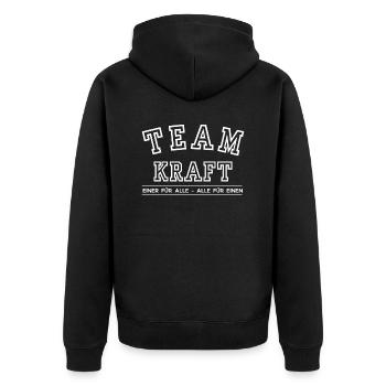 Team Kraft Familie Nachname Einer für Alle - Unisex Premium Bio Zip Hoodie - Schwarz - Hinten - Nico (187cm)