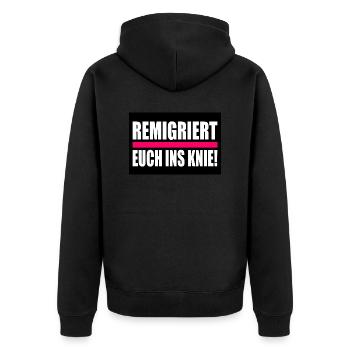 remigriert euch ins knie - Unisex Premium Bio Zip Hoodie - Schwarz - Hinten - Nico (187cm)
