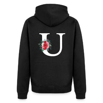 Roter floraler U-Buchstabe - Unisex Premium Bio Zip Hoodie - Schwarz - Hinten - Nico (187cm)