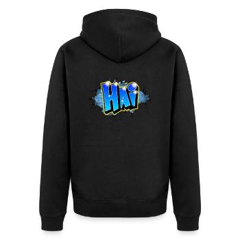 Graffiti HAI Blaue Ziegel Risse - Unisex Premium Bio Zip Hoodie - Schwarz - Hinten - Nico (187cm)