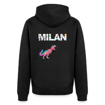 MILAN - Schöner Jungen Name mit Dinosaurier - Unisex Premium Bio Zip Hoodie - Schwarz - Hinten - Nico (187cm)