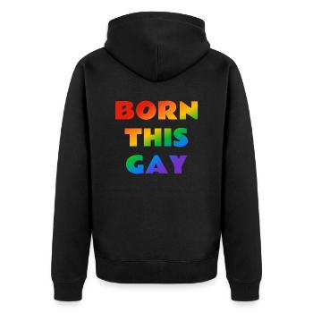 Né ce texte arc-en-ciel gay - Veste à capuche bio Premium Unisexe - noir - Dos - Nico (187cm)