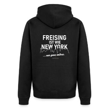 Freising ist wie New York - Unisex Premium Bio Zip Hoodie - Schwarz - Hinten - Nico (187cm)