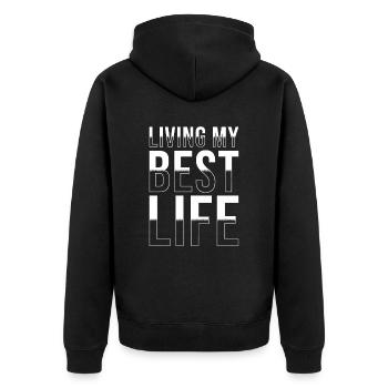Ich lebe mein bestes Leben. - Unisex Premium Bio Zip Hoodie - Schwarz - Hinten - Nico (187cm)