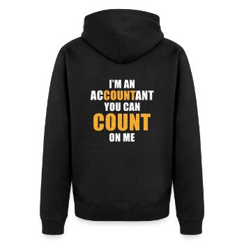 Buchhalter Spuch Du kannst auf mich zählen - Unisex Premium Bio Zip Hoodie - Schwarz - Hinten - Nico (187cm)