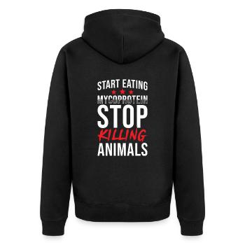 Mykoprotein Spruch - Unisex Premium Bio Zip Hoodie - Schwarz - Hinten - Nico (187cm)