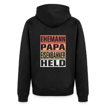 Eisenbahner Vater Ehemann Held - Unisex Premium Bio Zip Hoodie - Schwarz - Hinten - Nico (187cm)