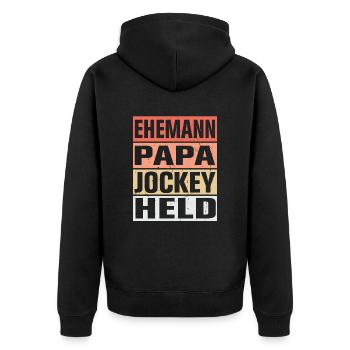 Jockey Vater Ehemann Held - Unisex Premium Bio Zip Hoodie - Schwarz - Hinten - Nico (187cm)