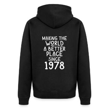 Making the World a better place since 1978 - Unisex Premium Bio Zip Hoodie - Schwarz - Hinten - Nico (187cm)