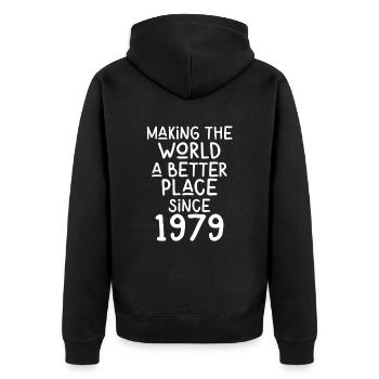 Making the World a better place since 1979 - Unisex Premium Bio Zip Hoodie - Schwarz - Hinten - Nico (187cm)