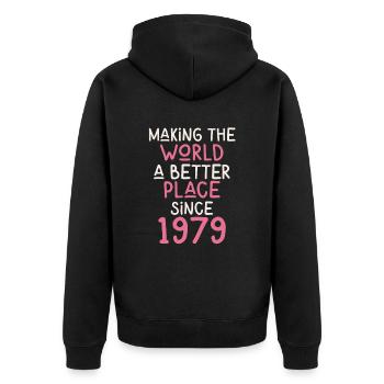 Making the World a better place since 1979 - Unisex Premium Bio Zip Hoodie - Schwarz - Hinten - Nico (187cm)