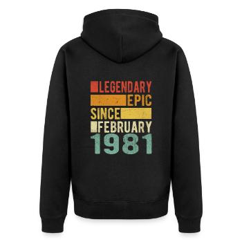 Anniversaire février 1981 Épopée légendaire - Veste à capuche bio Premium Unisexe - noir - Dos - Nico (187cm)