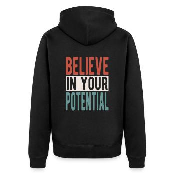 Believe in your potential - Unisex Premium Bio Zip Hoodie - Schwarz - Hinten - Nico (187cm)