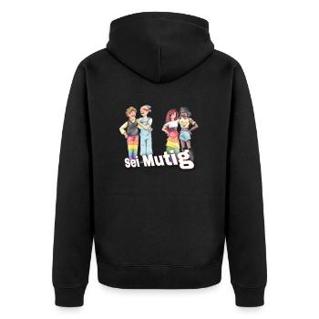 ,,Sei Mutig" LGBTQ - Unisex Premium Bio Zip Hoodie - Schwarz - Hinten - Nico (187cm)