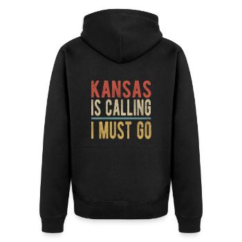 Kansas Ruft Ich Muss Gehen - Unisex Premium Bio Zip Hoodie - Schwarz - Hinten - Nico (187cm)