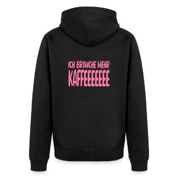 Ich Brauche Mehr Kaffee Lustiger Spruch - Unisex Premium Bio Zip Hoodie - Schwarz - Hinten - Nico (187cm)