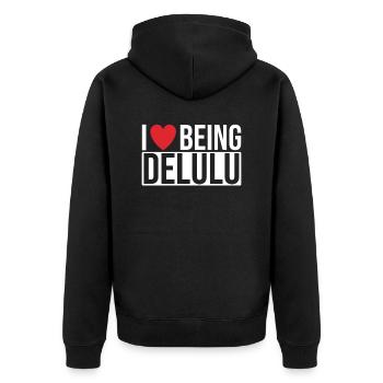 Delulu Spruch I love Being Delulu - Unisex Premium Bio Zip Hoodie - Schwarz - Hinten - Nico (187cm)