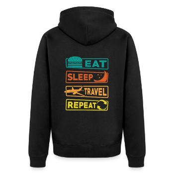 Reisen Urlaub Spruch Eat Sleep Travel Repeat - Unisex Premium Bio Zip Hoodie - Schwarz - Hinten - Nico (187cm)