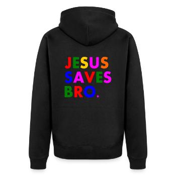 Jesus saves bro - Unisex Premium Bio Zip Hoodie - Schwarz - Hinten - Nico (187cm)