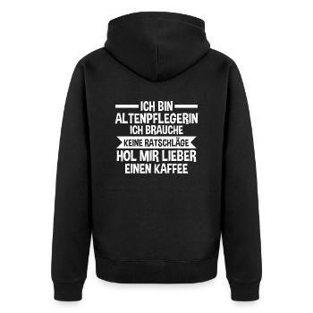 Pflege Pflegekraft Kaffee AltenPflegerinin - Unisex Premium Bio Zip Hoodie - Schwarz - Hinten - Nico (187cm)