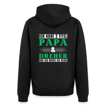 Ich habe 2 Titel Papa und Dreher - Unisex Premium Bio Zip Hoodie - Schwarz - Hinten - Nico (187cm)